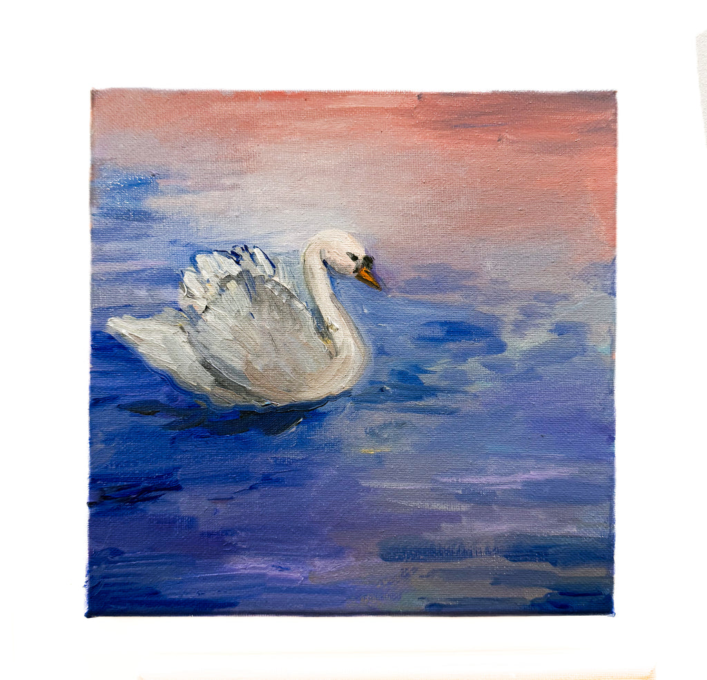 “Float” | Original Swan Sunset Oil Painting | Impressionist White Swan Canvas Art | Sunset Lake Bird Decor